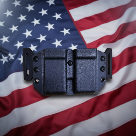 Centered magazine carrier on patriotic flag background