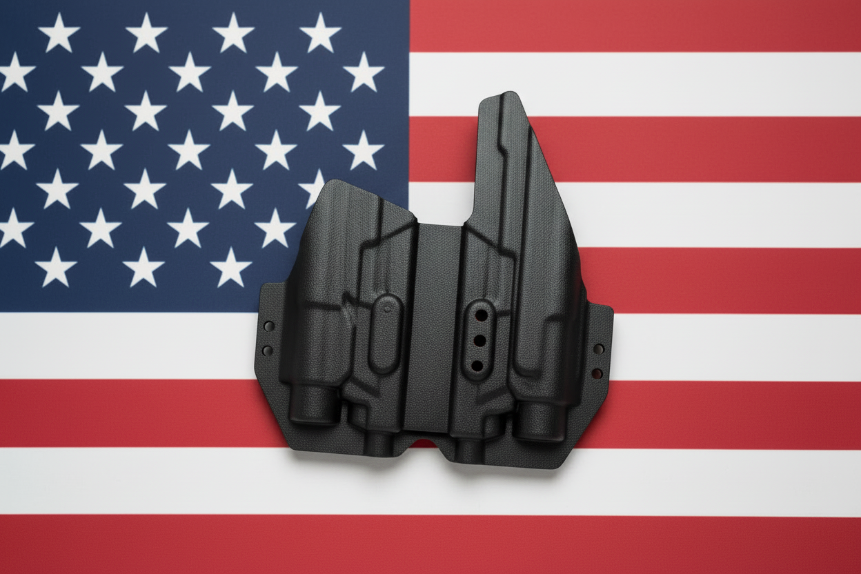 Black holster shells centered on flag background
