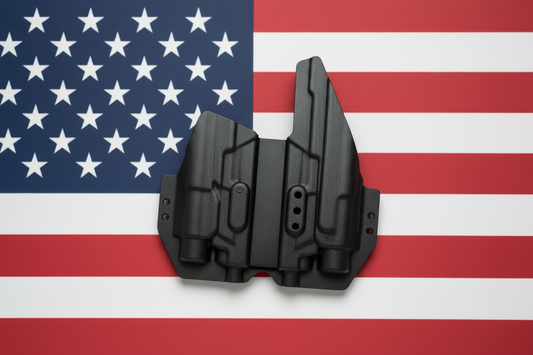 Black holster shells centered on flag background