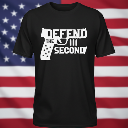 Defend the Second Amendment t-shirt on patriotic flag background