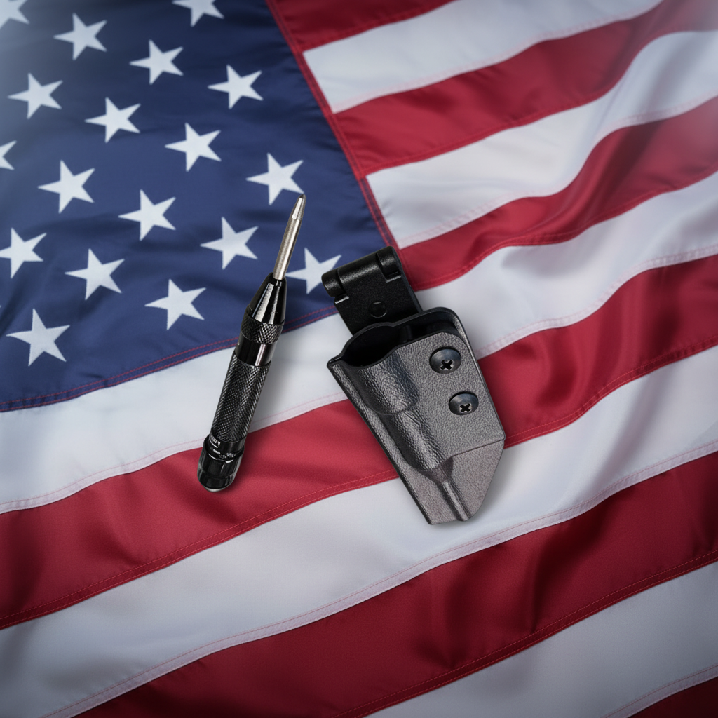 Glass breaker and holster rig on patriotic flag background
